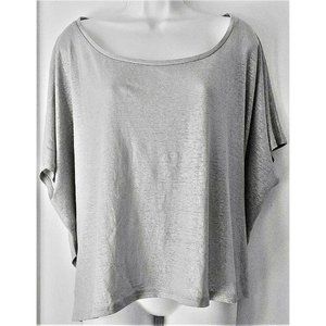 EILEEN FISHER Large Silver 100% Linen Jersey Wide Boxy Cropped Cap SL Knit Top